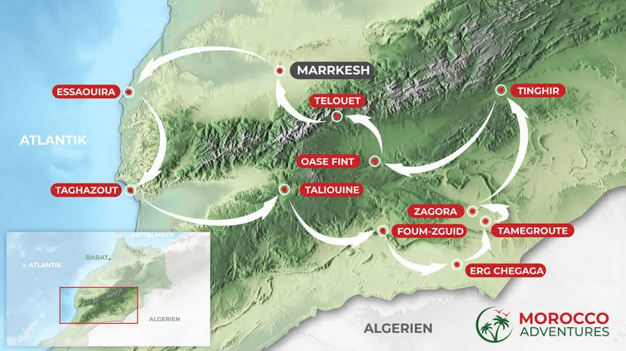 Reiseroute der Rundreise Südmarokko und Atlantik ab Marrakesch, 8 Tage in Marokko