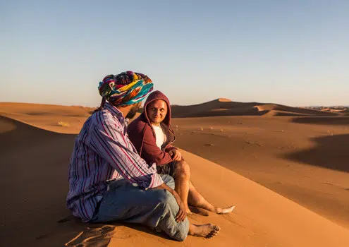 Morocco adventure trip, sand dunes in the Sahara at sunset